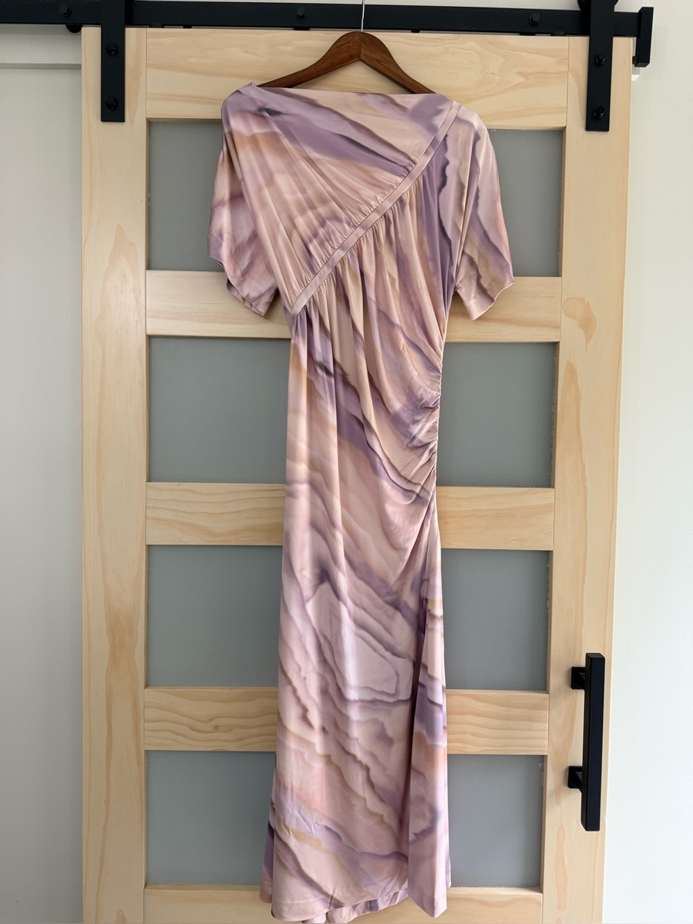 BOSS Ecaren Lavender Marble Print Ruched Jersey Midi Dress Large